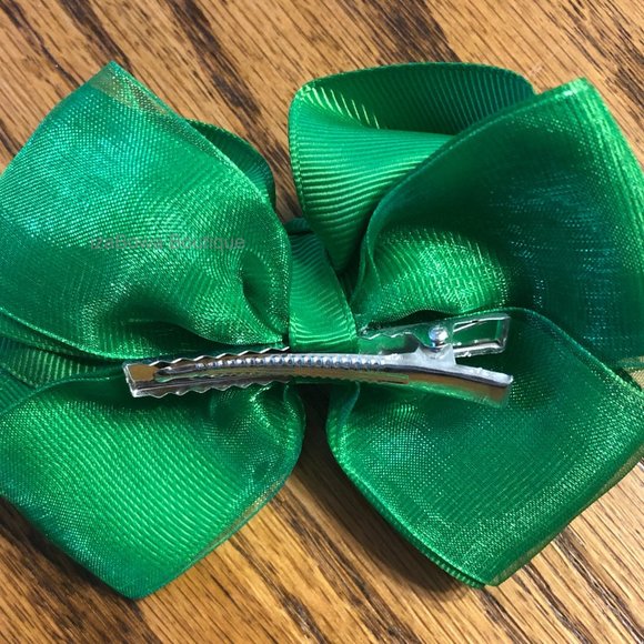 Green 4" Double Stacked Organza Boutique Bow    HANDCRAFTED  (2) - Picture 3 of 3
